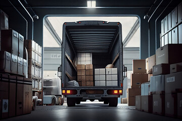 Truck for transportation stands in a warehouse with boxes and shelves, loading goods. Generative AI