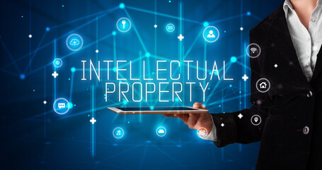 Person holding tablet, security concept