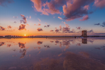 Sunset reflected on the water, Salt pans of Trapani IT	