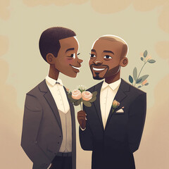 Gay black men getting married, happy couple, black men getting wed, groom and groom wedding ceremony, in love.