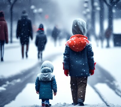 Walking Child in Street During Snow, Generative AI Illustration