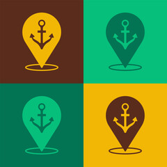 Pop art Map pointer with anchor icon isolated on color background. Vector