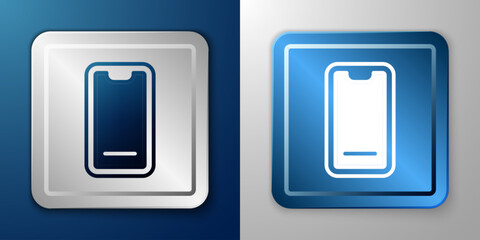 White Food ordering on mobile icon isolated on blue and grey background. Order by mobile phone. Restaurant food delivery concept. Silver and blue square button. Vector
