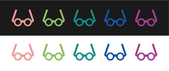 Set Glasses icon isolated on black and white background. Eyeglass frame symbol. Vector