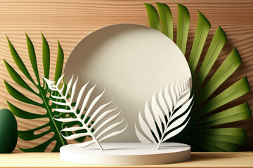 Realistic white area for product display on a teak wood platform with tropical fresh fan palm leaves. Hawaii, the sun, a tabletop, a podium, templates, and beauty. Generative AI