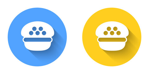 White Taxi driver cap icon isolated with long shadow background. Circle button. Vector