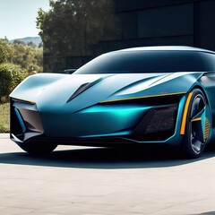 Naklejka premium modern concept car in the future with city background, generative art by A.I.