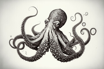 Obraz premium Illustration of an octopus. a gorgeously drawn black lined octopus against a white backdrop. Generative AI