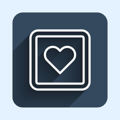 White line Like heart icon isolated with long shadow background. Counter Notification Icon. Follower Insta. Blue square button. Vector