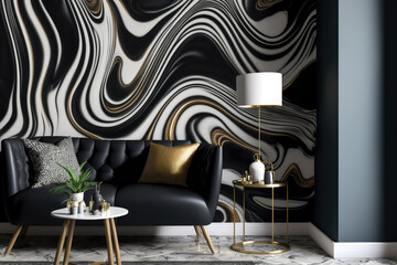 Background with a black marble ink texture and acrylic painted waves. Wallpaper and opulent wall tiles both feature patterns. Generative AI