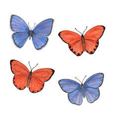 Obraz na płótnie Canvas Set of watercolor copper-butterflies isolated on white background. Perfect for wallpaper, print, textile, nursery, scrapbooking, wedding invitation, banner design, postcards, clothing