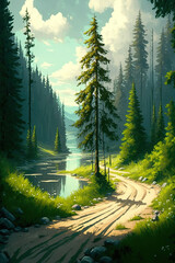 Dirt road through the forest along the river. Summer dirt road. Forest road in summer, art illustration 