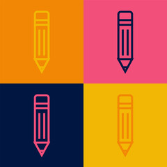 Pop art line Pencil with eraser icon isolated on color background. Drawing and educational tools. School office symbol. Vector