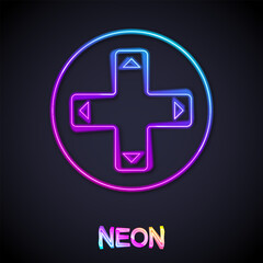Glowing neon line Game controller or joystick for game console icon isolated on black background. Vector