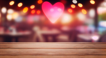 Image of wooden table in front of abstract blurred background of resturant lights. Generative Ai. Valentines Day.