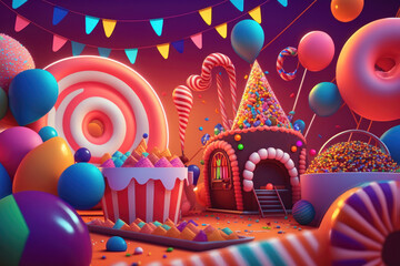 3D Composite Candy-Filled Carnival with Games. Generative AI