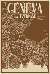 Obraz premium Brown hand-drawn framed poster of the downtown GENEVA, SWITZERLAND with highlighted vintage city skyline and lettering