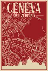 Red hand-drawn framed poster of the downtown GENEVA, SWITZERLAND with highlighted vintage city skyline and lettering