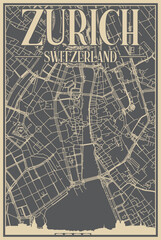 Grey hand-drawn framed poster of the downtown ZURICH, SWITZERLAND with highlighted vintage city skyline and lettering