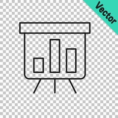 Black line Board with graph chart icon isolated on transparent background. Report text file icon. Accounting sign. Audit, analysis, planning. Vector