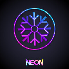 Glowing neon line Snowflake icon isolated on black background. Merry Christmas and Happy New Year. Vector