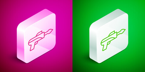 Isometric line Fishing harpoon icon isolated on pink and green background. Fishery manufacturers for catching fish under water. Diving underwater equipment. Silver square button. Vector