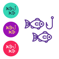 Set line Fishing hook under water with fish icon isolated on white background. Fishing tackle. Set icons colorful. Vector