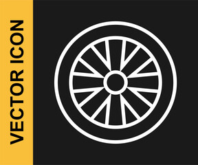 Fototapeta premium White line Alloy wheel for car icon isolated on black background. Vector