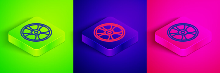 Isometric line Alloy wheel for car icon isolated on green, blue and pink background. Square button. Vector