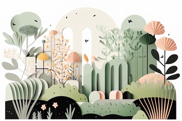 a colorful calm minimalist spring garden illustration in pastel colors, geometric round shape composition