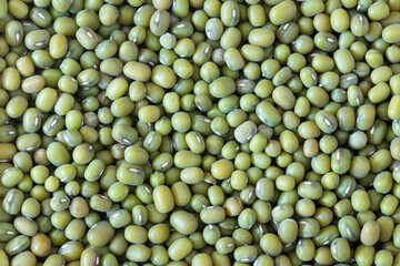 Mung bean background, green beans, Phaseolus aureus, top view.