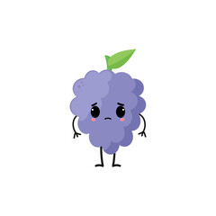 Upset bunch of grapes with kawaii emoji. Flat design vector illustration of grapes in white background