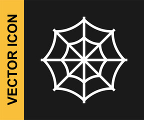 White line Spider web icon isolated on black background. Cobweb sign. Happy Halloween party. Vector