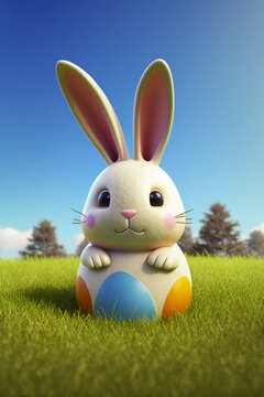 Easter bunny character with an egg in spring meadow. Cute Easter background. generative AI.