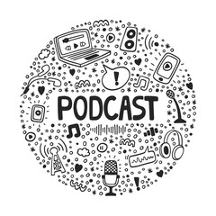 Podcast doodle cover with electronic symbols, handwritten lettering. Podcast Icon. Podcasting stuff. Text and podcasts symbols. Online radio, audio streaming service. Broadcast vector screen. 