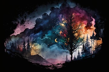 Watercolor abstract trees and mountains with moon in night sky.