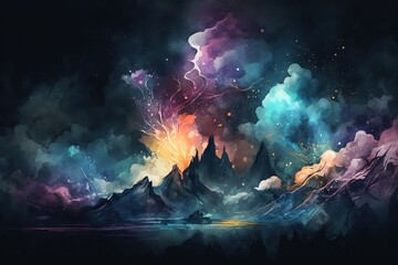 Dark mountains in colorful space with clouds. Abstract illustration.