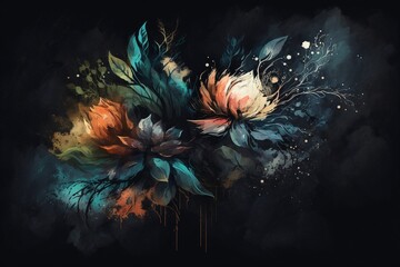 Abstract colorful flower bouquet in dark space background.