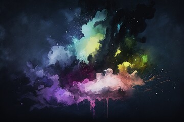 Watercolor illustration with dark background and colorful clouds.
