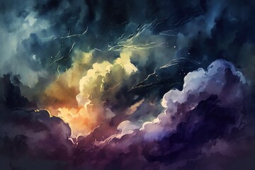 Watercolor dark background. Stormy clouds illustration.