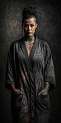 Fototapeta premium Beautiful Lady Bath Robe with Epic Tattoos Smoke | Generative AI