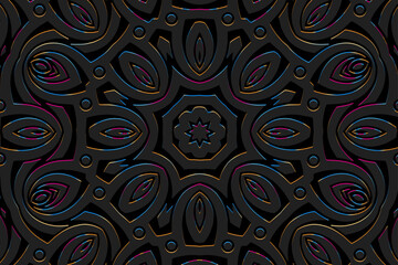 Embossed black background, ethnic cover design. Geometric fantasy decorative 3D pattern, press paper, leather. Tribal boho ornaments of East, Asia, India, Mexico, Aztecs, Peru.