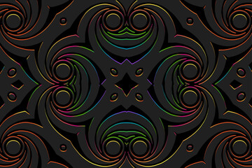 Embossed black background, ethnic cover design. Geometric fantasy e 3d pattern, press paper, leather. Tribal boho ornaments of East, Asia, India, Mexico, Aztecs, Peru.