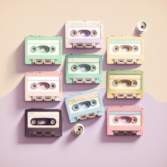 Vintage music cassettes. Retro dj sound tape, 1980s rave party stereo mix, old school record technology, AI generated.