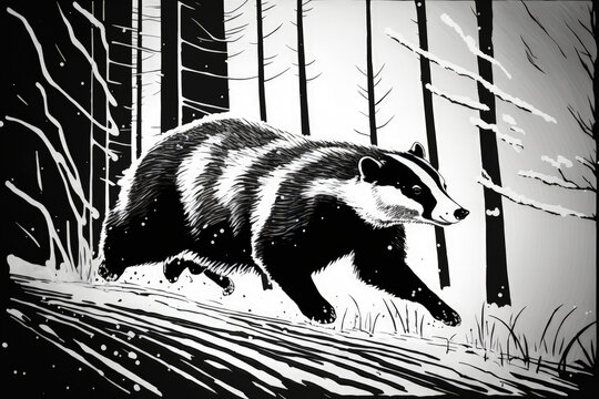 soaring badger The European badger, Meles meles, is shown moving quickly through the snow on a wooded walk. beast hunting in a cold woodland. Beautiful animal in nature with black and white stripes. A