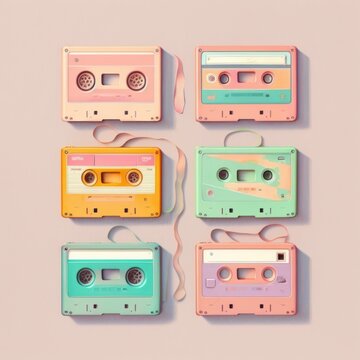 Vintage music cassettes. Retro dj sound tape, 1980s rave party stereo mix, old school record technology, AI generated.