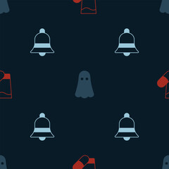 Set Sleeping pill, Ghost and Ringing bell on seamless pattern. Vector
