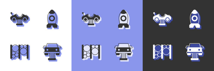 Set Swing car, Playground climbing equipment and Rocket ship toy icon. Vector