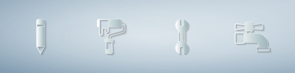 Set Pencil with eraser, Paint roller brush, Wrench spanner and Water tap. Paper art style. Vector