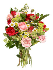Bouquet with different roses and wood strawberries, transparent background